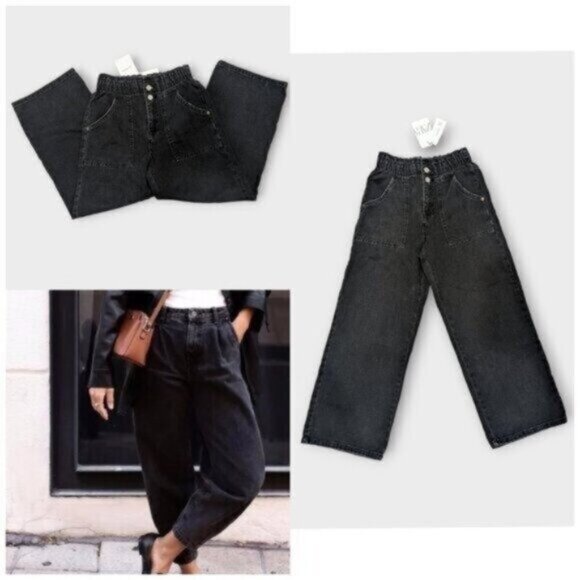Zara Black Paper Bag Waist Denim Jeans Size 26 Women - Picture 1 of 5